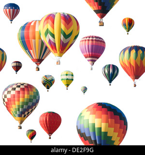 Eine Gruppe von bunten Heißluftballons schweben vor einem weißen Hintergrund. Bild ist nahtlos aneinander. Stockfoto