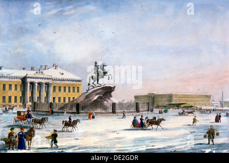 Denkmal von Peter dem großen im Senat Square von St Petersburg, Russland, Winter, 1822. Künstler: Anon Stockfoto