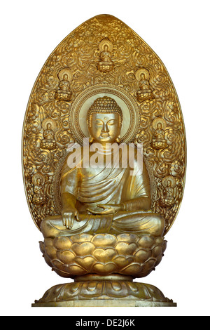 Ein vergoldeter Bronze-Skulptur des Buddha an der Friedenspagode, Battersea Park, London. Stockfoto