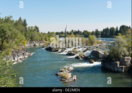 Stadt am Fluss, Wasserfall, Snake River, Idaho Falls, Idaho, Westen der Vereinigten Staaten, Vereinigte Staaten von Amerika, Nordamerika Stockfoto