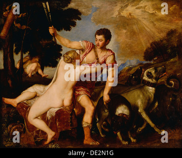 Venus und Adonis; Tizian (Tiziano Vecellio), Italienisch, etwa 1487-1576; ca. 1555-1560; Öl auf Leinwand; Ungerahmt: 160 x 196.5 Stockfoto