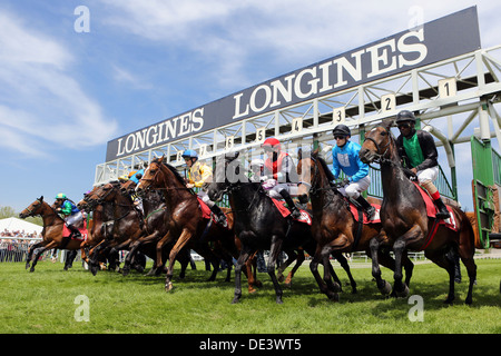 Iffezheim, Deutschland, Pferde und jockeys zu Jahresbeginn ein Pferderennen Stockfoto