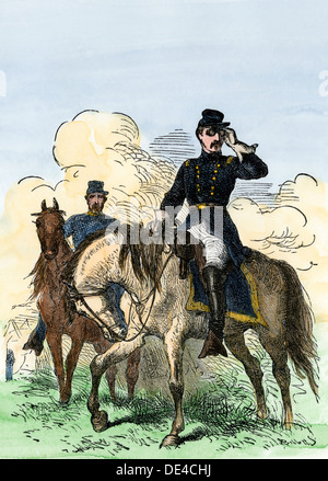 General George McClellan im Bereich auf dem Pferd, US-Bürgerkrieg. Hand - farbige Holzschnitt Stockfoto