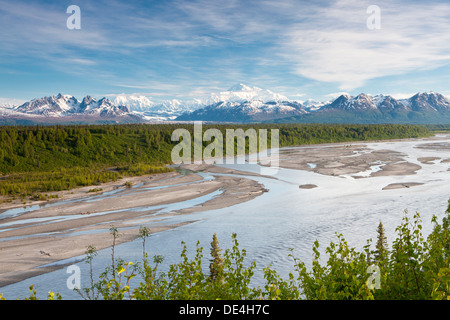 Blick auf McKinley oder Denali, Foraker und Hunter wird hinter Chulitna Fluss von Parks Highway, Alaska, Vereinigte Staaten von Amerika Stockfoto