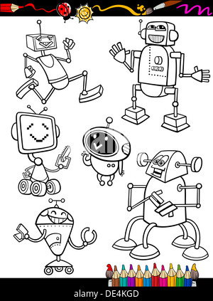Malbuch oder Seite Cartoon-Illustration-Satz von Black And White Fantasy oder Science-Fiction-Robotern oder Droiden Stockfoto