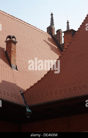 Ziegeldächer über den Hof des Collegium Maius, dem ältesten Gebäude der Jagiellonen-Universität Krakau, Polen. Stockfoto