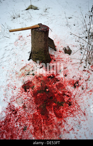 Zuhause auf einem Bauernhof Schlachten, Hackklotz und Axt im Schnee, Ente Schlachten Website, Eckenhaid, Eckental, Mittelfranken Stockfoto