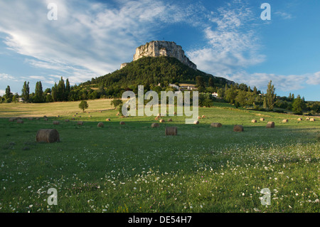 Die schwindelerregenden Klippen von Rock Vellan dominieren das Dorf Plan de Baix und umliegenden Felder, den Regionalpark Vercors, La Drôme, Frankreich. Stockfoto