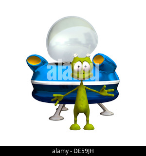 Digitale 3D Rendern ein hübsch lächelnd Alien und einem blauen Raum Untertasse isoliert auf weißem Hintergrund Stockfoto