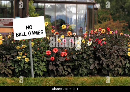 Keine Ballspiele Zeichen post in botanischen Gärten, Glasgow, Schottland, Großbritannien. Stockfoto