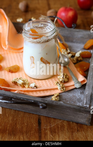 hausgemachtes Joghurt und ein Glas mit Nüssen und getrockneten Aprikosen, Essen Nahaufnahme Stockfoto