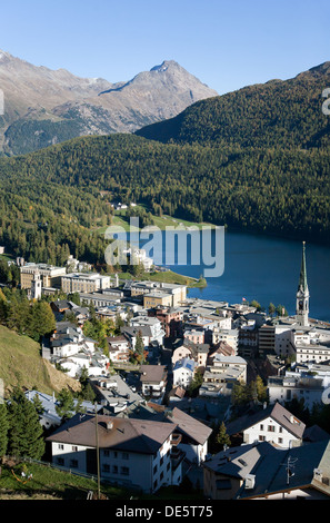St. Moritz, Schweiz, Blick von der Bergbahn nach St. Moritz Stockfoto