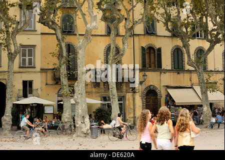 Lucca, Toskana, Italien. Cafés Bars Restaurants Wohnungen Häuser Geschäften in der Piazza Napoleone in der Altstadt von Lucca Stockfoto