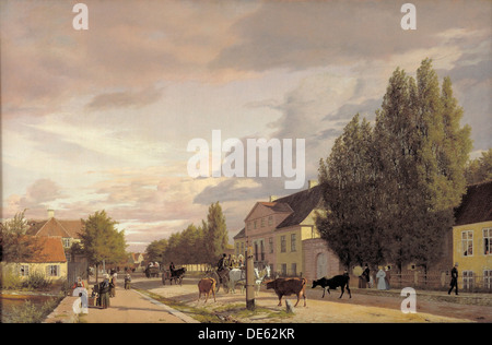 Blick auf eine Straße in Østerbro außerhalb von Kopenhagen. Morgen Licht, 1836. Artist: Christen Købke, Schiellerup (1810-1848) Stockfoto