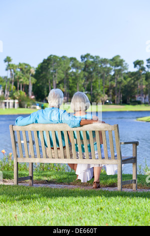 Rückansicht des senior romantisch zu zweit sitzen auf einer Parkbank am blauen See suchen Stockfoto