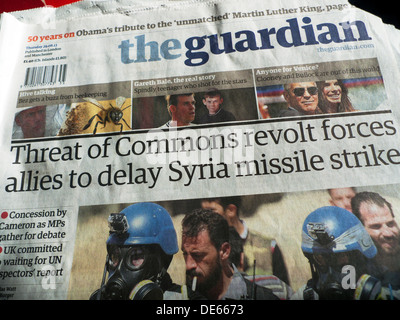 Guardian Zeitung Schlagzeilen Titelseite Syrien Krise 29 August 2013 London England Großbritannien Großbritannien Stockfoto