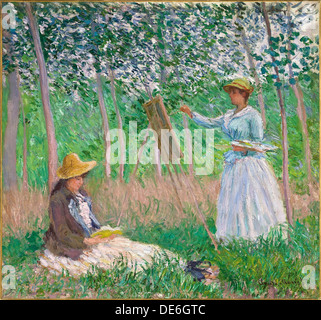 In den Wäldern in Giverny: Blanche Hoschedé an Ihrer Staffelei mit Suzanne Hoschedé Lesen, 1887. Artist: Monet, Claude (1840-1926) Stockfoto