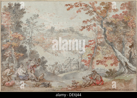 Italienischen Herbst Landschaft mit Monte Porzio und Opfergabe, Pan, 1763. Künstler: Natoire, Charles Joseph (1700-1777) Stockfoto