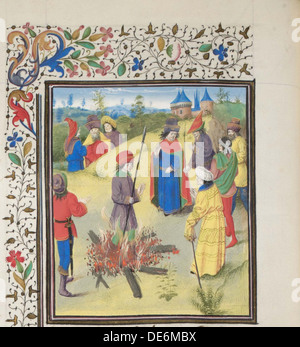 Peter Bartholomäus durchläuft die Zerreißprobe durch Feuer. Miniatur aus der Historia von Wilhelm von Tyrus, 1460s. Künstler: anonym Stockfoto