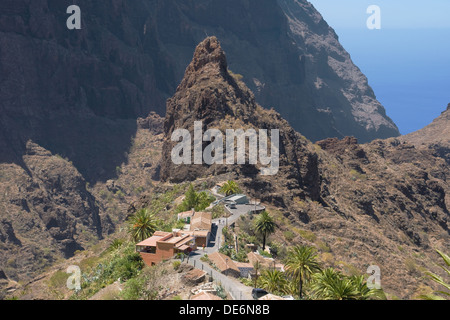 Weiler Masca mit seiner charakteristischen Spitze in der Mitte des Dorfes, Teneriffa, Kanarische Inseln. Stockfoto