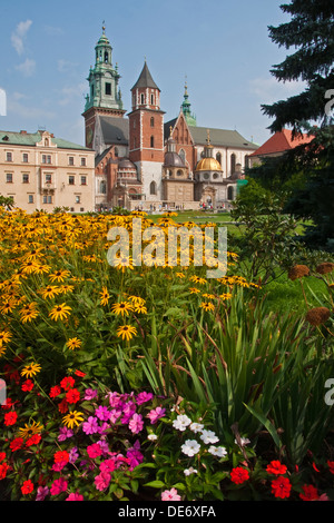 Garten am Krakauer Wawel Königsschloss Wawel Kathedrale im Hintergrund. Stockfoto