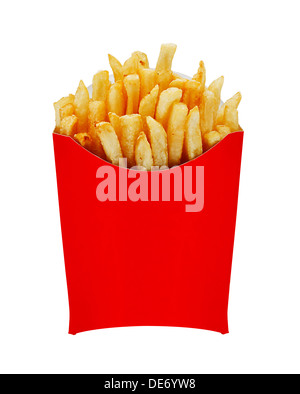 Pommes frites oder Chips ursprünglich genannt Pommes Frites und jüngerer Freiheit frites in Amerika in einem roten Portion Karton Stockfoto