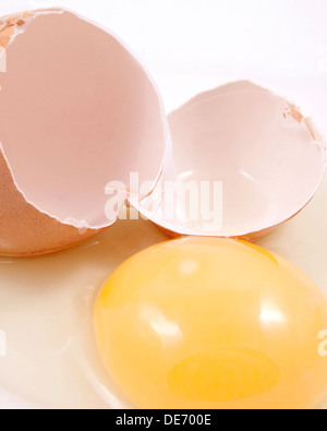 geknackt, rohes Ei und Shell auf einem weißen Hintergrund Stockfoto