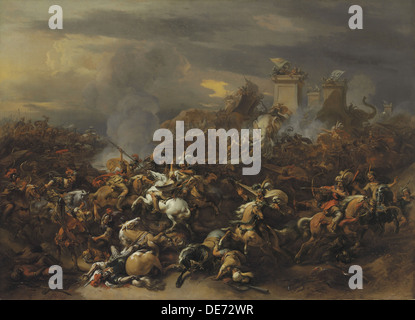 Die Schlacht von Alexander dem großen gegen den König Poros. Künstler: Berchem, Nicolaes (Claes) Pietersz, der ältere (1620-1683) Stockfoto