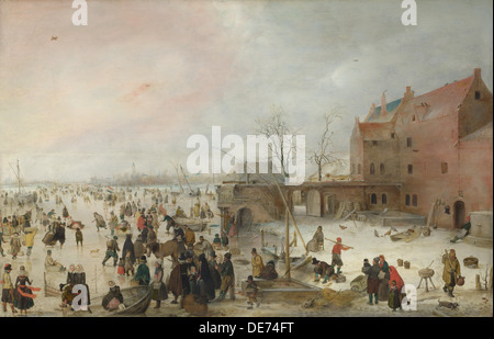 Eine Szene auf dem Eis in der Nähe einer Stadt, c. 1615. Künstler: Avercamp, Hendrick (1585-1634) Stockfoto