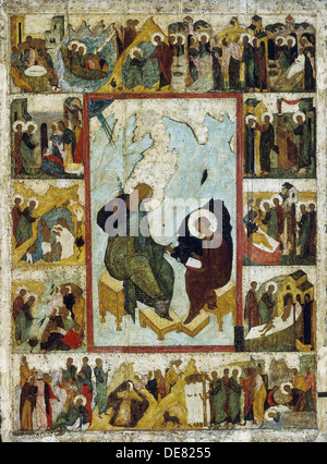 Der Heilige Johannes der Evangelist auf Patmos mit Szenen aus seinem Leben, Anfang des 16. Jahrhunderts. Stockfoto