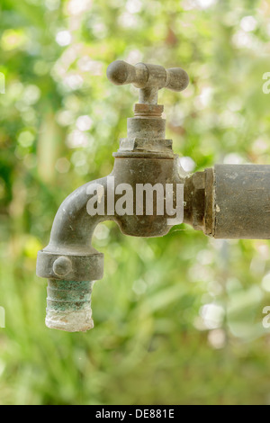 Alte verrostete Wasserhahn im Garten. Stockfoto