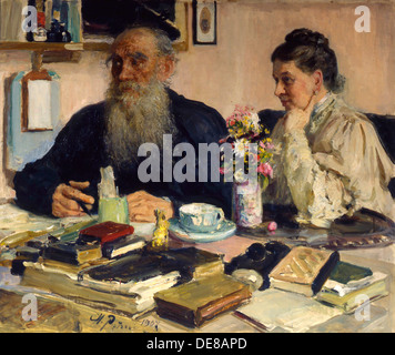 "Der Autor Leo Tolstoy mit seiner Frau in Yasnaya Polyana", 1907.  Künstler: Ende Repin Stockfoto