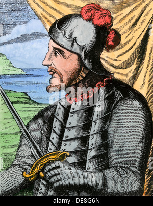 Vasco Nunez de Balboa. Hand - farbige Holzschnitt Stockfoto