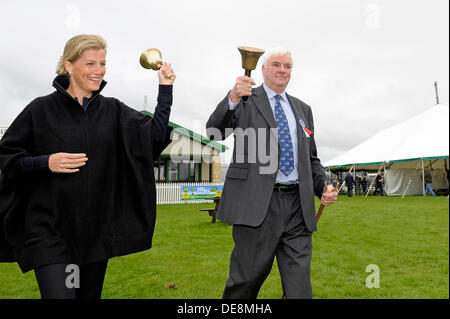 KELSO, Schottland, Großbritannien. 13. September 2013. Grenze Union Agricultural Society, The Cydectin Kelso Ram Umsatz 2013 ist den 175. Jahrestag der Ram-Verkäufe. 5107 Rams wurden zum Verkauf mit 9 Auktionatoren eingegeben. Traditionell ist eine auf genau 10:00 vom Sekretär des Vereins an den Start des Verkaufs geklingelt.  HRH die Gräfin von Wessex unterstützt Ron Wilson, Secy der Grenze Union Agricultural Show mit dem traditionellen Läuten einer Glocke zum Start des Verkaufs (Photo Credit: Rob Gray) Credit: Rob Gray/Alamy Live News Stockfoto