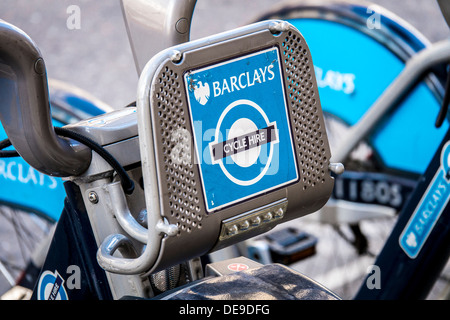 Boris Bikes oder Barclays Cycle Hire Schema, London, Großbritannien. Stockfoto