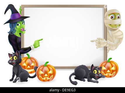 Halloween Schild oder Banner mit orange Halloween-Kürbisse und schwarze Hexe Katzen, Hexe Besenstiel und Cartoon-Hexe und Mumie Stockfoto