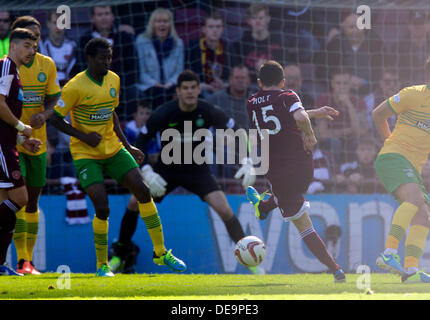 Edinburgh, Schottland. 14. September 2013. Herzen Jason Holt Punkte Level des Spiels während der schottischen Premier League match zwischen Herz und Celtic, von Tynecastle Park Stadium, Edinburgh. Bildnachweis: Aktion Plus Sport/Alamy Live-Nachrichten Stockfoto