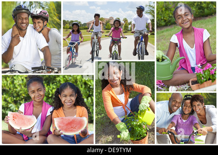 Montage von afroamerikanischen Familie Fit, glücklich und gesund essen, Gartenarbeit und Radfahren zusammen Stockfoto