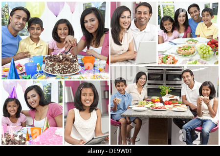 Montage von asiatischen indischen Familie essen frische gesunde Lebensweise, Einsatz von Computern und Geburtstage zu feiern Stockfoto