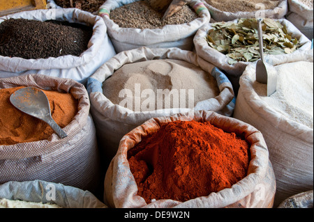 Bunte Gewürze und Hülsenfrüchte zum Verkauf in Säcke, Markt Serekunda, Gambia, Westafrika Stockfoto