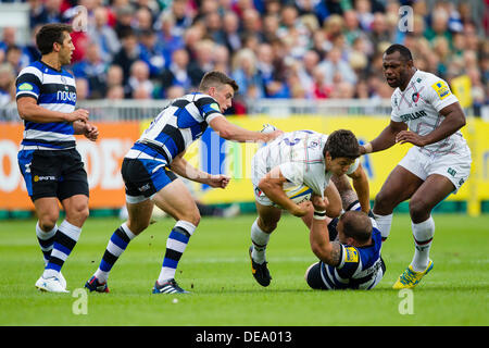 BATH, UK - Samstag, 14. September 2013. Aktion von der Aviva Premiership-match zwischen Bath Rugby und Leicester Tigers. Bildnachweis: Graham Wilson/Alamy Live-Nachrichten Stockfoto