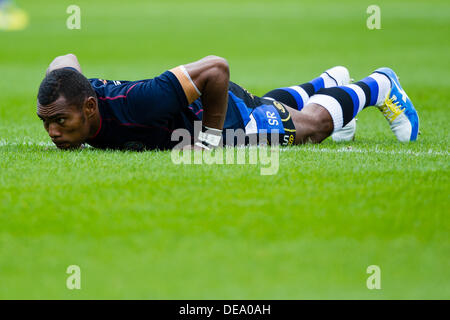 BATH, UK - Samstag, 14. September 2013. Aktion von der Aviva Premiership-match zwischen Bath Rugby und Leicester Tigers. Bildnachweis: Graham Wilson/Alamy Live-Nachrichten Stockfoto