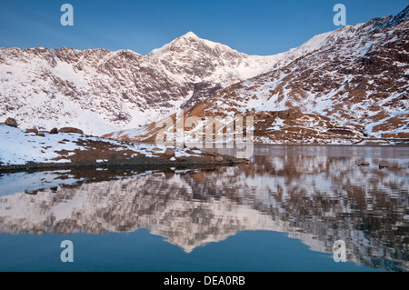 Mount Snowdon spiegelt sich in Llyn Sheetrim im Winter, Snowdonia National Park, North Wales, UK Stockfoto