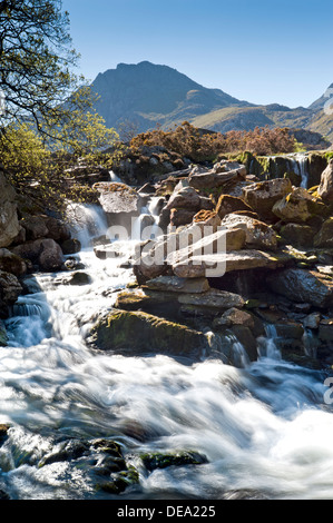 Wasserfälle auf Afon Ogwen im Schatten der Tryfan, Glyderau, Snowdonia National Park, North Wales, UK Stockfoto