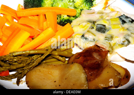 Huhn in Lauch-Senf-Sauce mit frisch gedünstetes Gemüse und Bratkartoffeln. Stockfoto