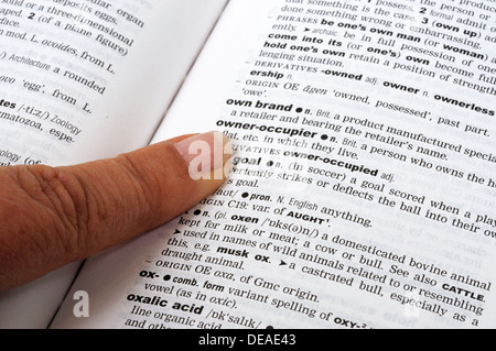 Zeigen Sie mit einem Finger auf Wörter in ein englisches Wörterbuch. Stockfoto