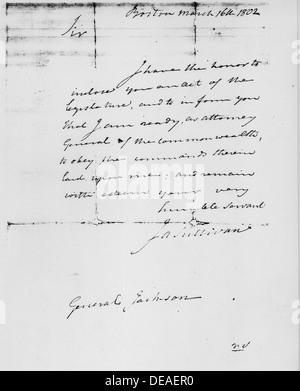 Ein Brief von James Sullivan an Präsident Andrew Jackson vom 16. März 1802, in dem Einblicke in die politische Kommunikation des frühen 19. Jahrhunderts in Amerika gegeben werden. Stockfoto