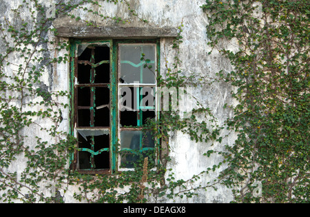 Fenster von einem verlassenen Haus in einem verlassenen Dorf, gebrochen, Chek Keng, Hong Kong, Hong Kong, China, Volksrepublik China Stockfoto