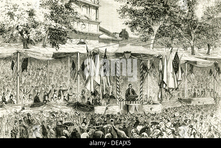 Eine Lesung der ursprünglichen Unabhängigkeitserklärung in Philadelphia am 4. Juli 1876 in der Independence Hall in Philadelphia. Stockfoto