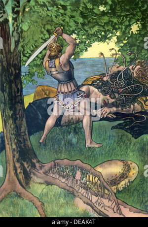 In der griechischen Mythologie, Perseus, bereitet sich auf Medusa töten. Mit ihr schlafen sind ihre beiden Schwestern. Stockfoto